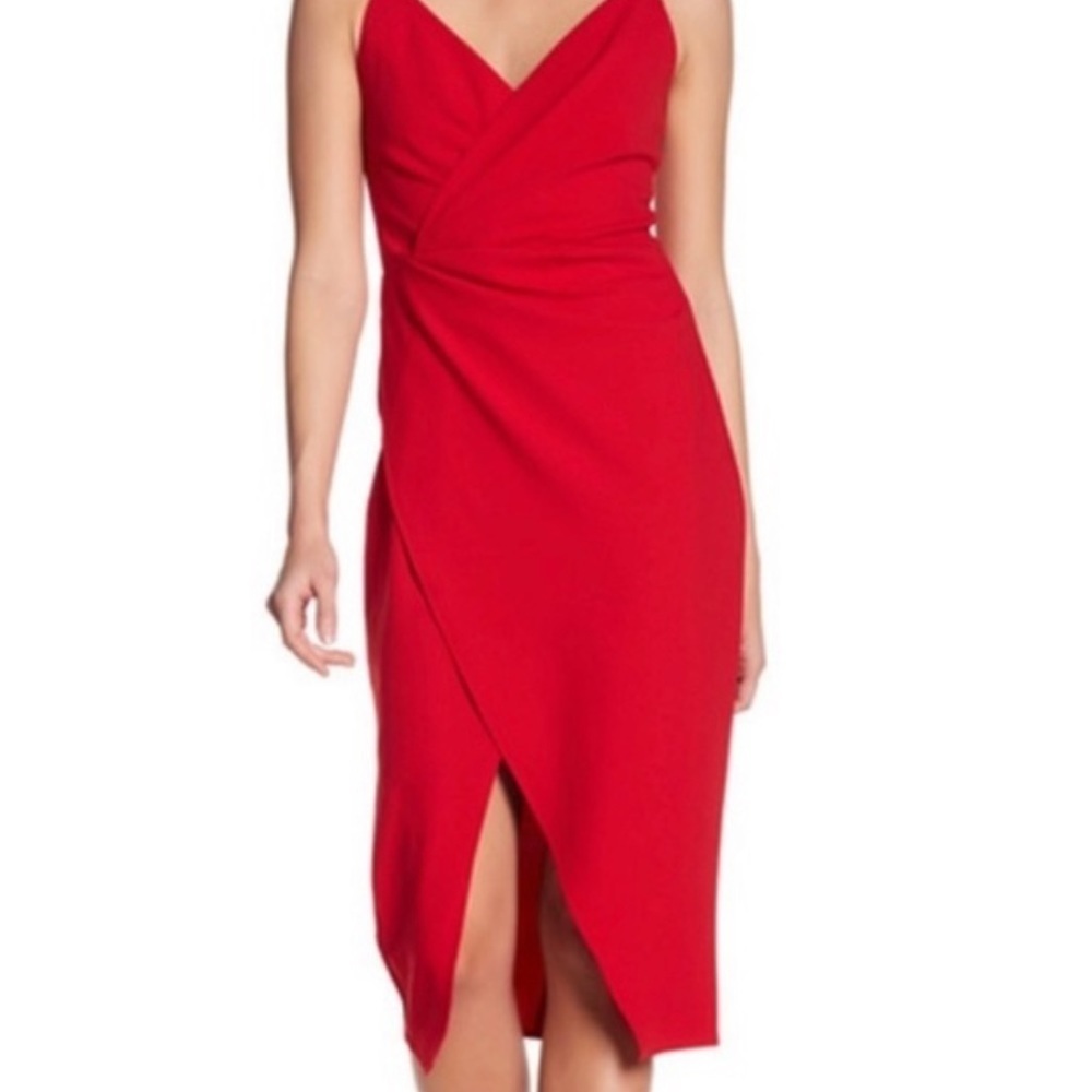 Betsey Johnson Wrap Front Red Draped Cocktail Formal Midi Dress with Slit 14W
